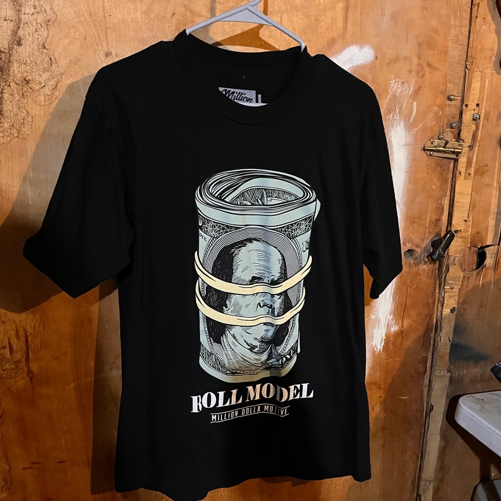 Black Graphic T-Shirt with Money Roll Design